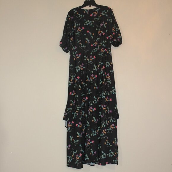 Sara Navon maxi dress black with geometric pattern 3/4 sleeves back zip sz Large - Picture 8 of 9